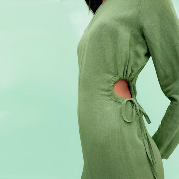 NWOT Zara green side cut out linen blend dress, XS - Picture 3 of 8